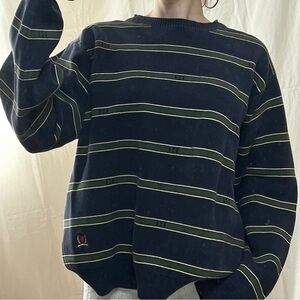 Vintage 90s Tommy Hilfiger Navy Crewneck Sweater with Cream-Green Stripes